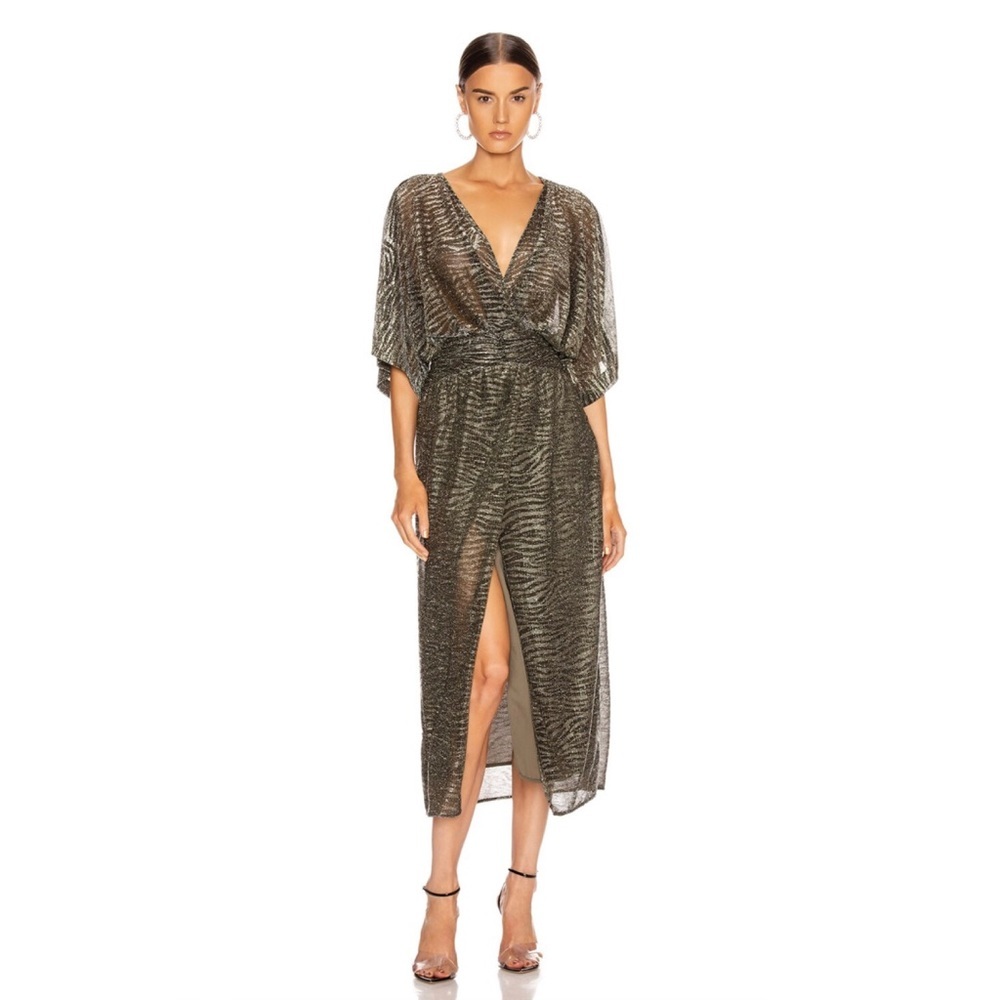 IRO Volsun Metallic Silver Surplice Zebra Midi Dress Size 32 US 0